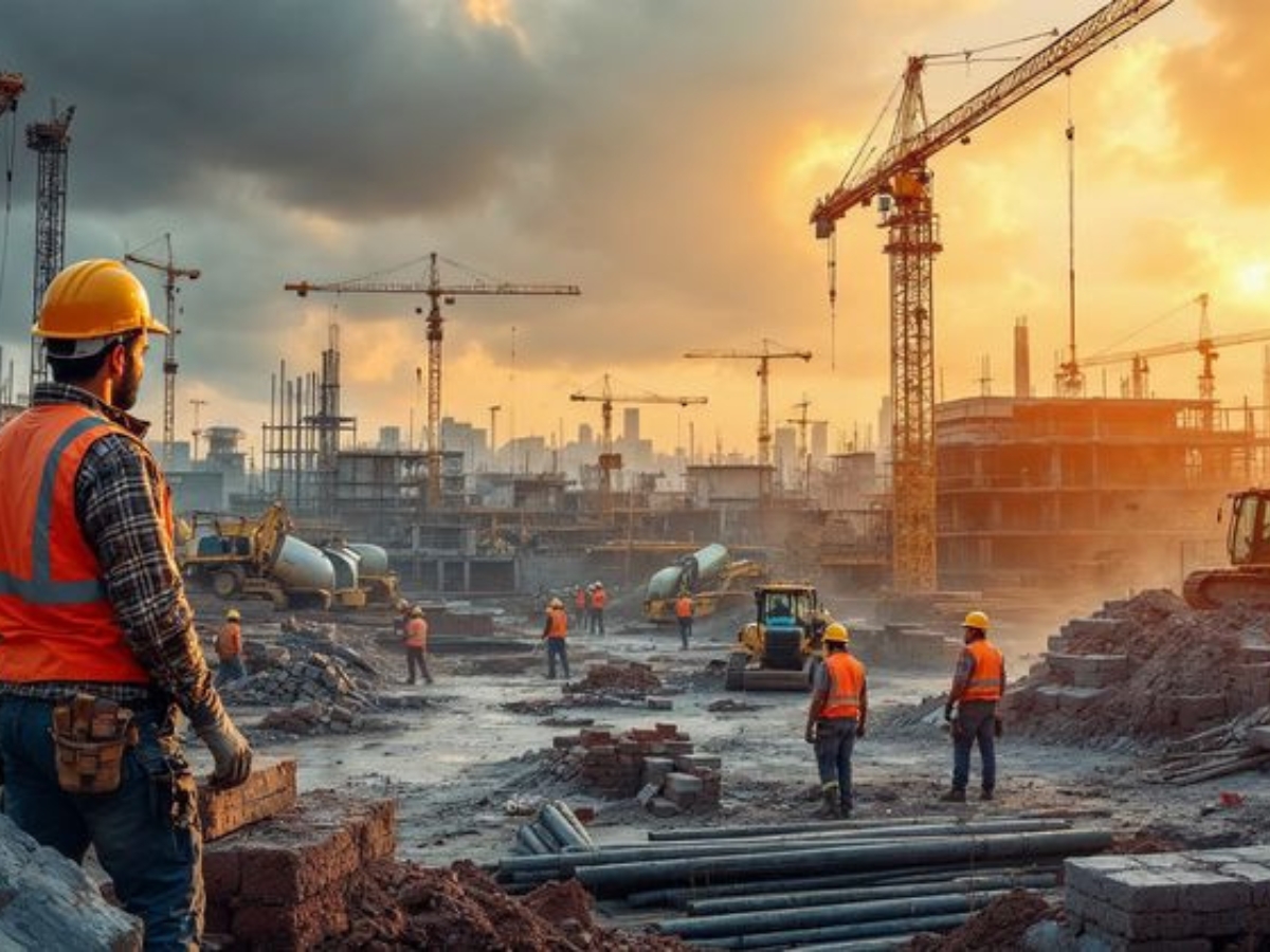 Construction workers wearing safety vests and helmets actively working on a large building site with cranes, machinery, and unfinished structures in the background under a dramatic sunset sky. The environment is busy and industrious, conveying a sense of teamwork and progress.